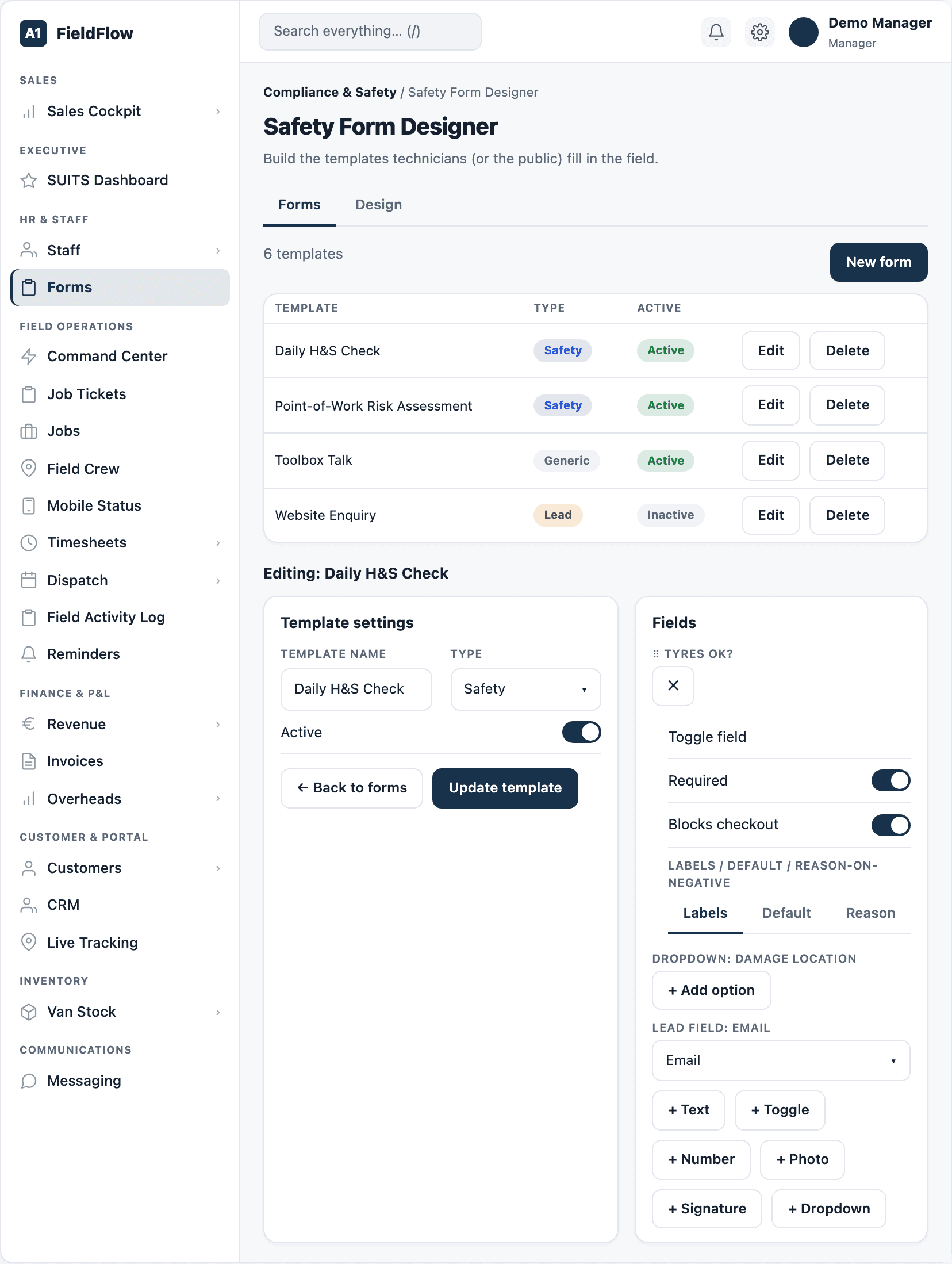 The safety form designer (sample data).