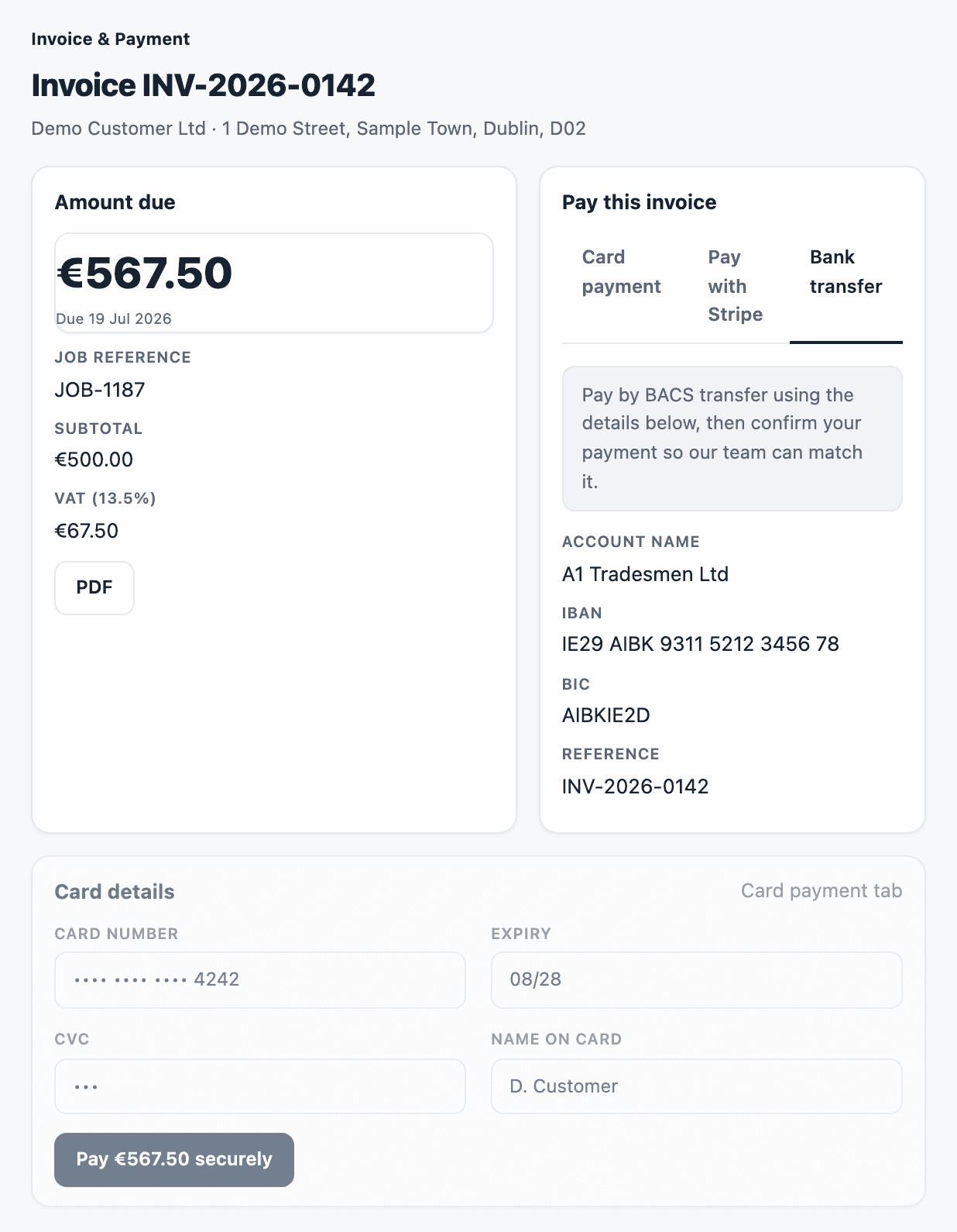 A customer’s invoice and payment page (sample data).
