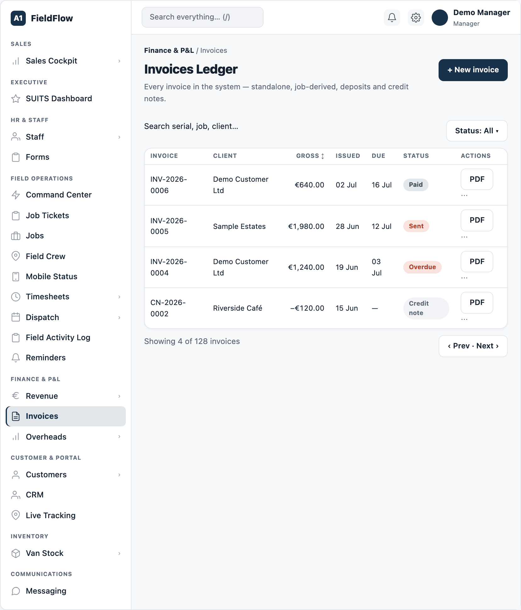 The FieldFlow invoices ledger (sample data).