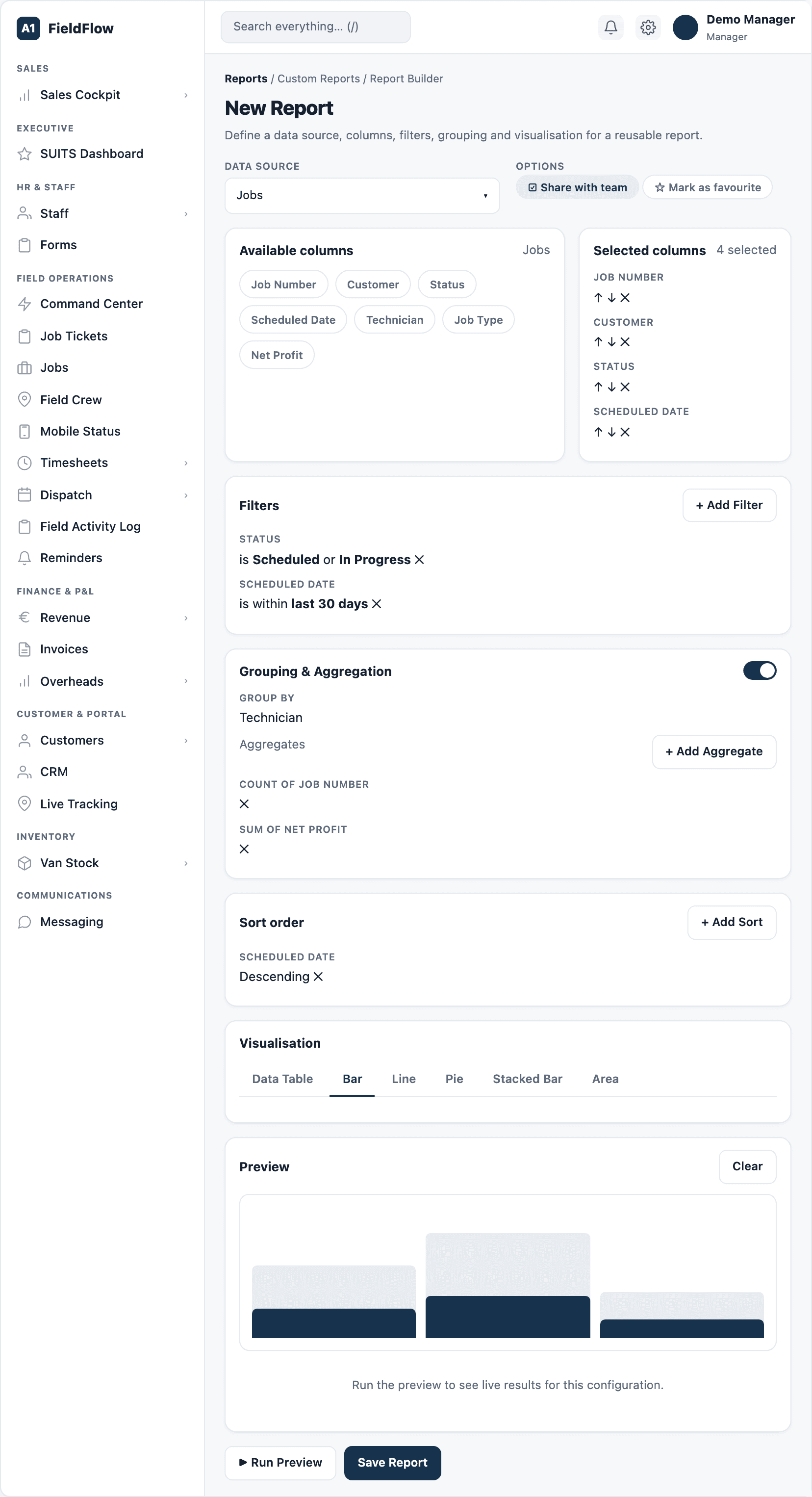 The report builder (sample data).