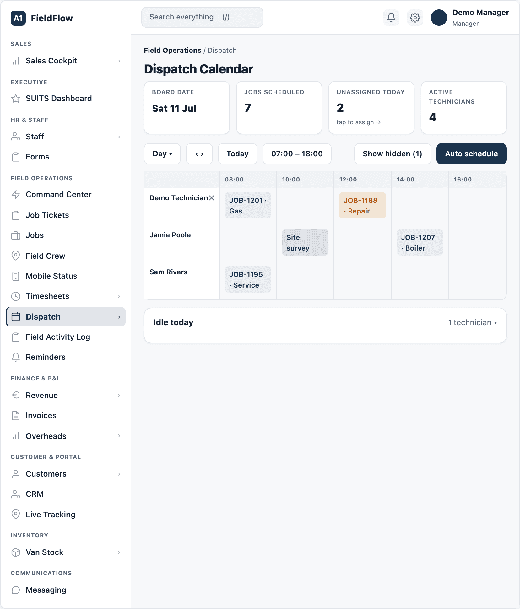 The FieldFlow dispatch calendar with technician lanes and scheduled jobs (sample data).