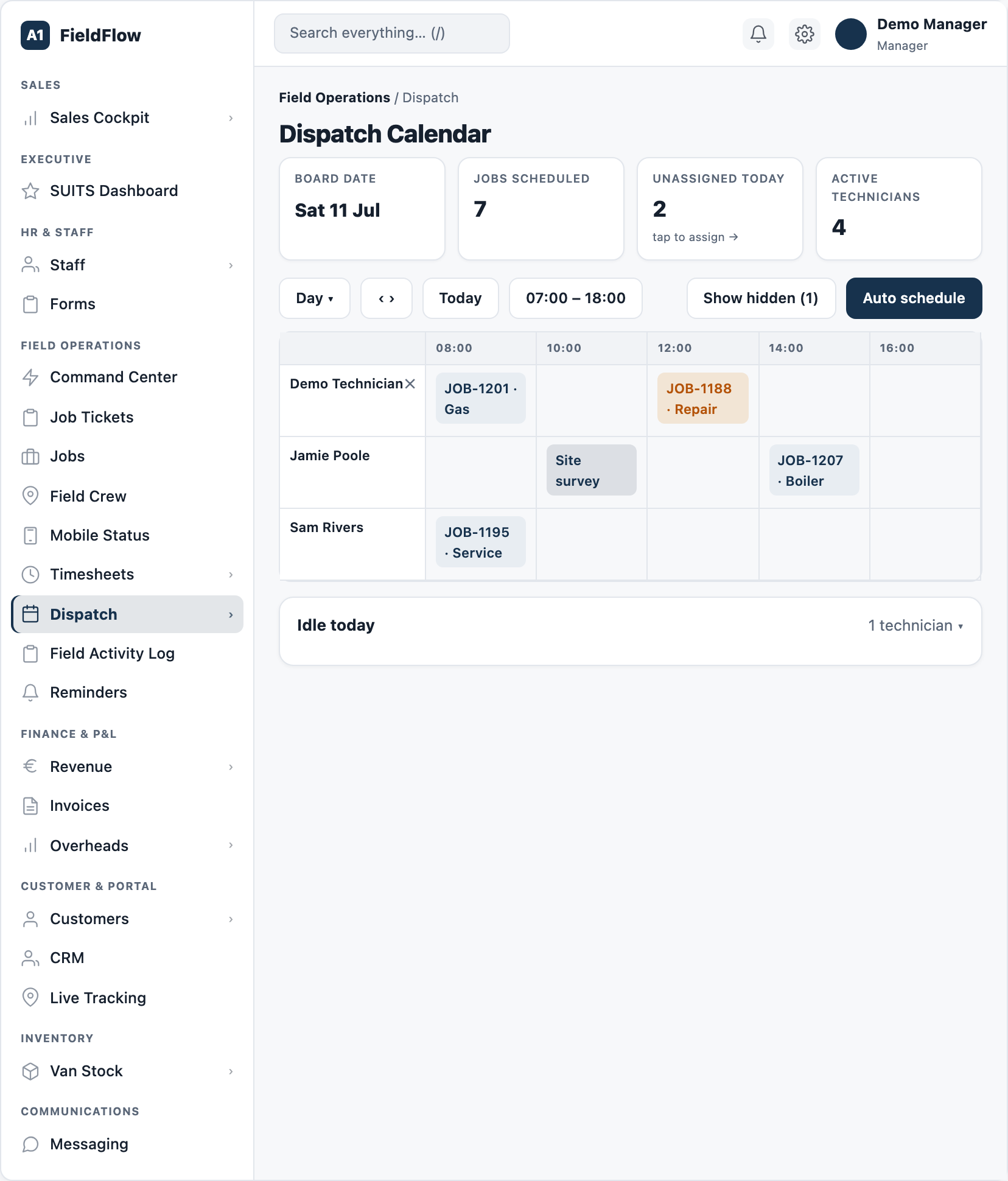 The FieldFlow dispatch calendar with technician lanes and scheduled jobs (sample data).