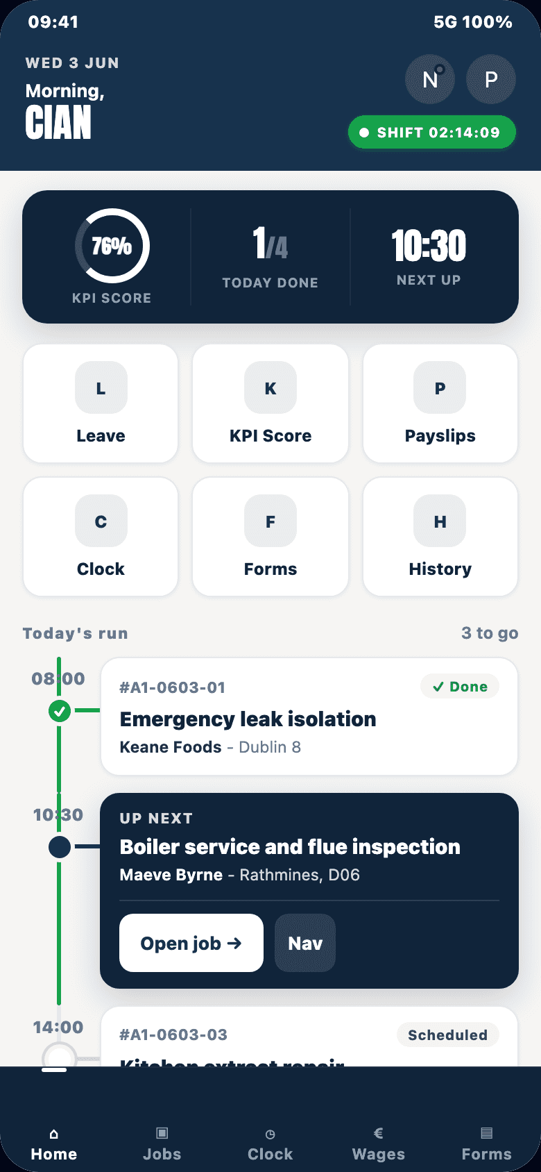 The FieldFlow technician app showing the day’s jobs (sample data).